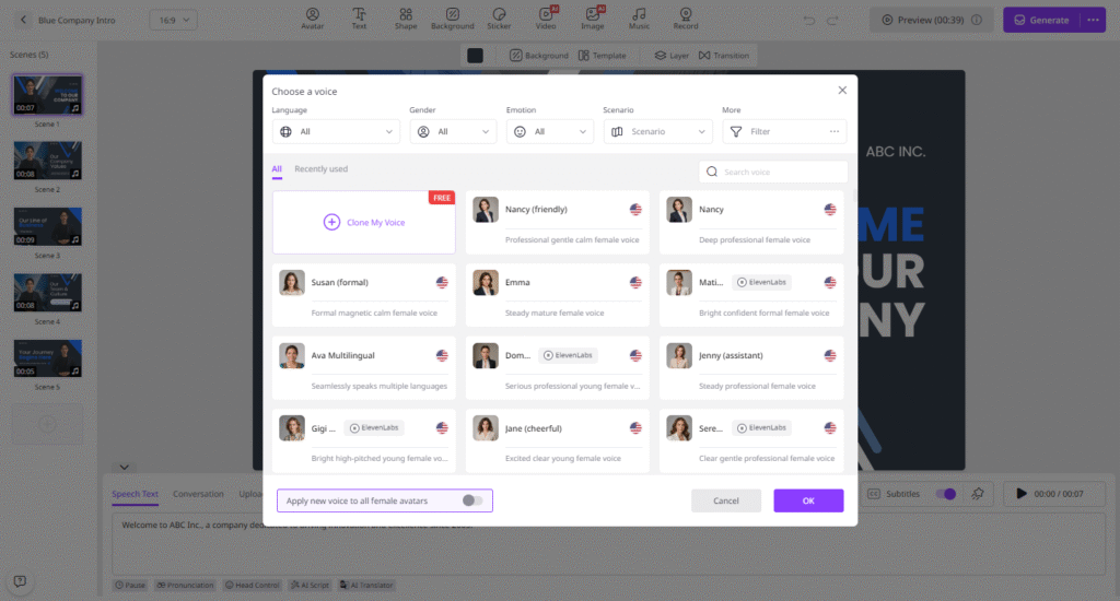 Input the text or upload any source material. Select the AI voice and language of the voice. 